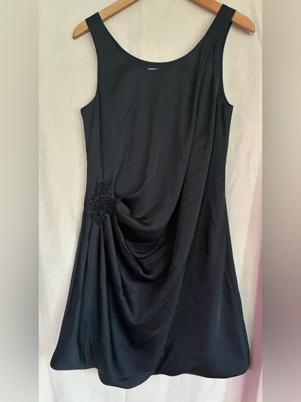 H&M Black Sleeveless Draped Midi Dress with Beaded Accent